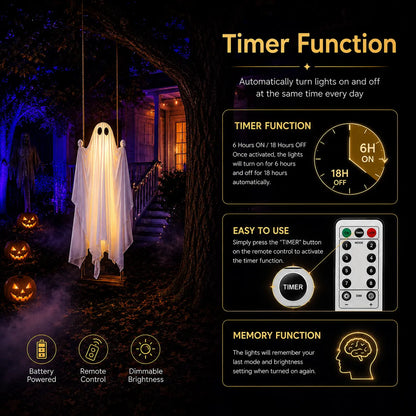 PhantomSwing 5FT Hanging Ghost – Remote-Control LED Halloween Decor
