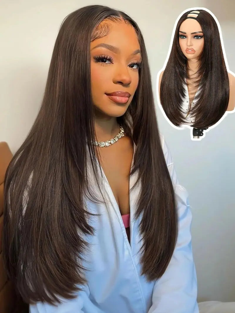 SilkBlend Yaki Straight U-Part Wig – Layered Glueless Natural-Look Half Wig
