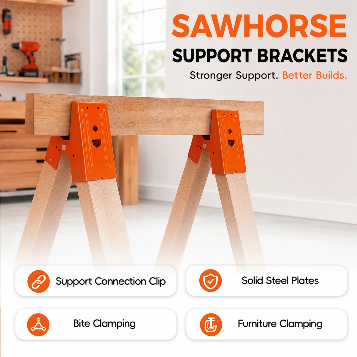SawMate 2-Pack Heavy-Duty Sawhorse Brackets – Adjustable 2x4 Woodworking Clamps