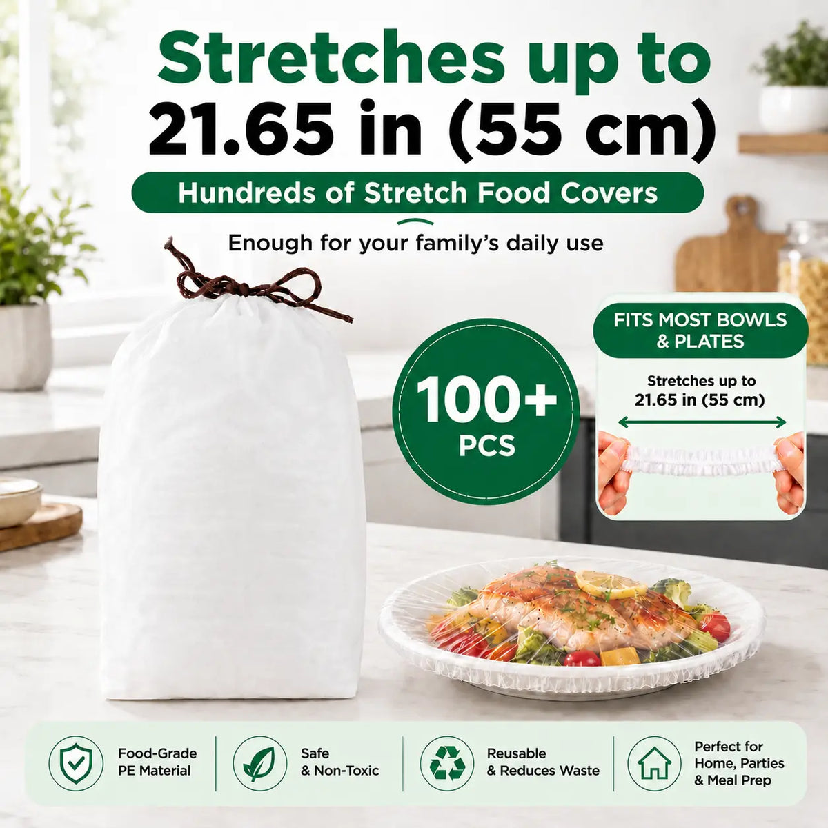 FreshCap 100-Pack Stretch Food Covers – Elastic Bowl & Plate Storage Lids