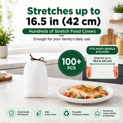 FreshCap 100-Pack Stretch Food Covers – Elastic Bowl & Plate Storage Lids