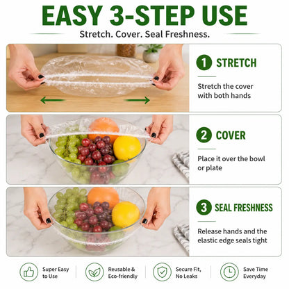 FreshCap 100-Pack Stretch Food Covers – Elastic Bowl & Plate Storage Lids
