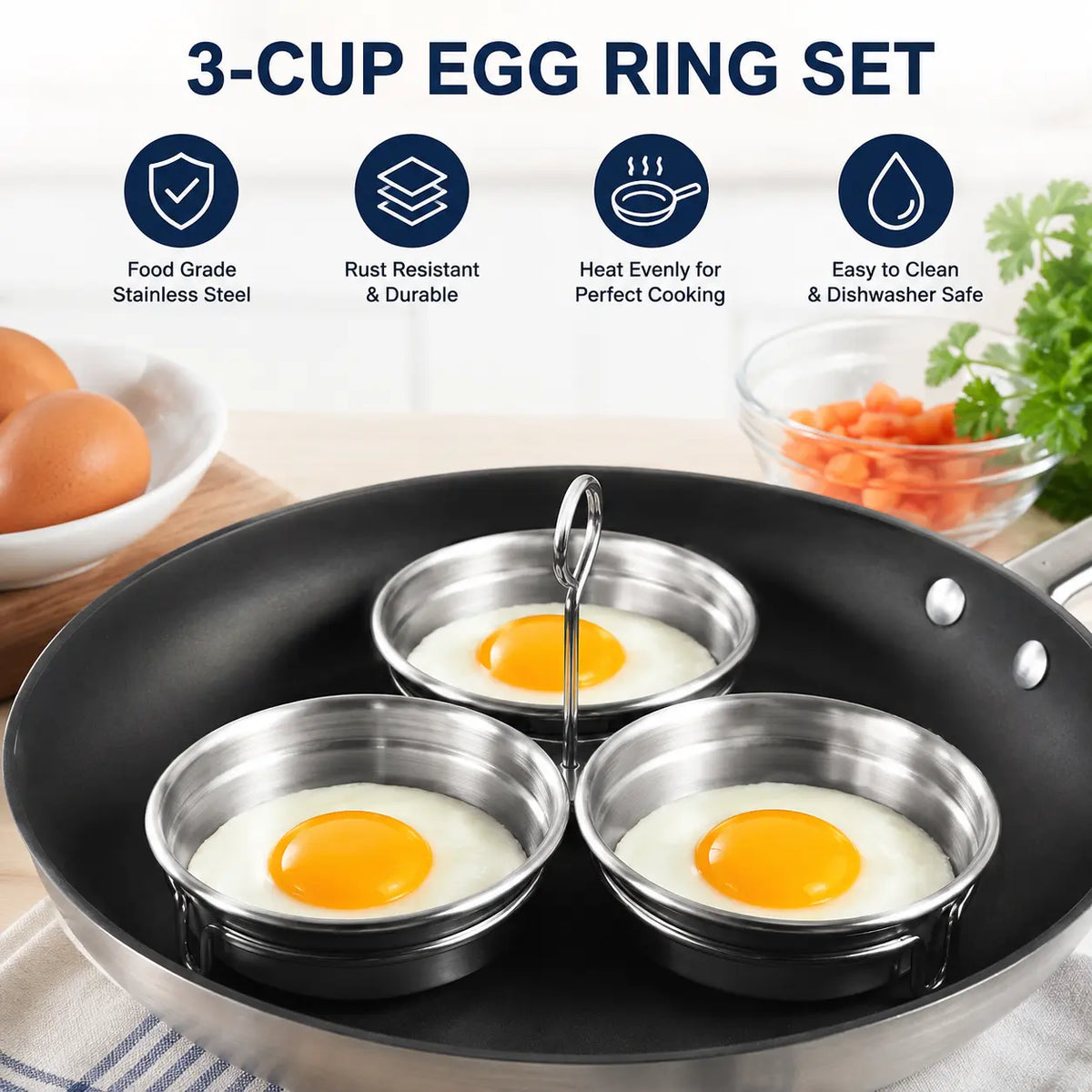 EggMate 3-Cavity Stainless Steel Egg Poacher – Steaming Mold with Handle