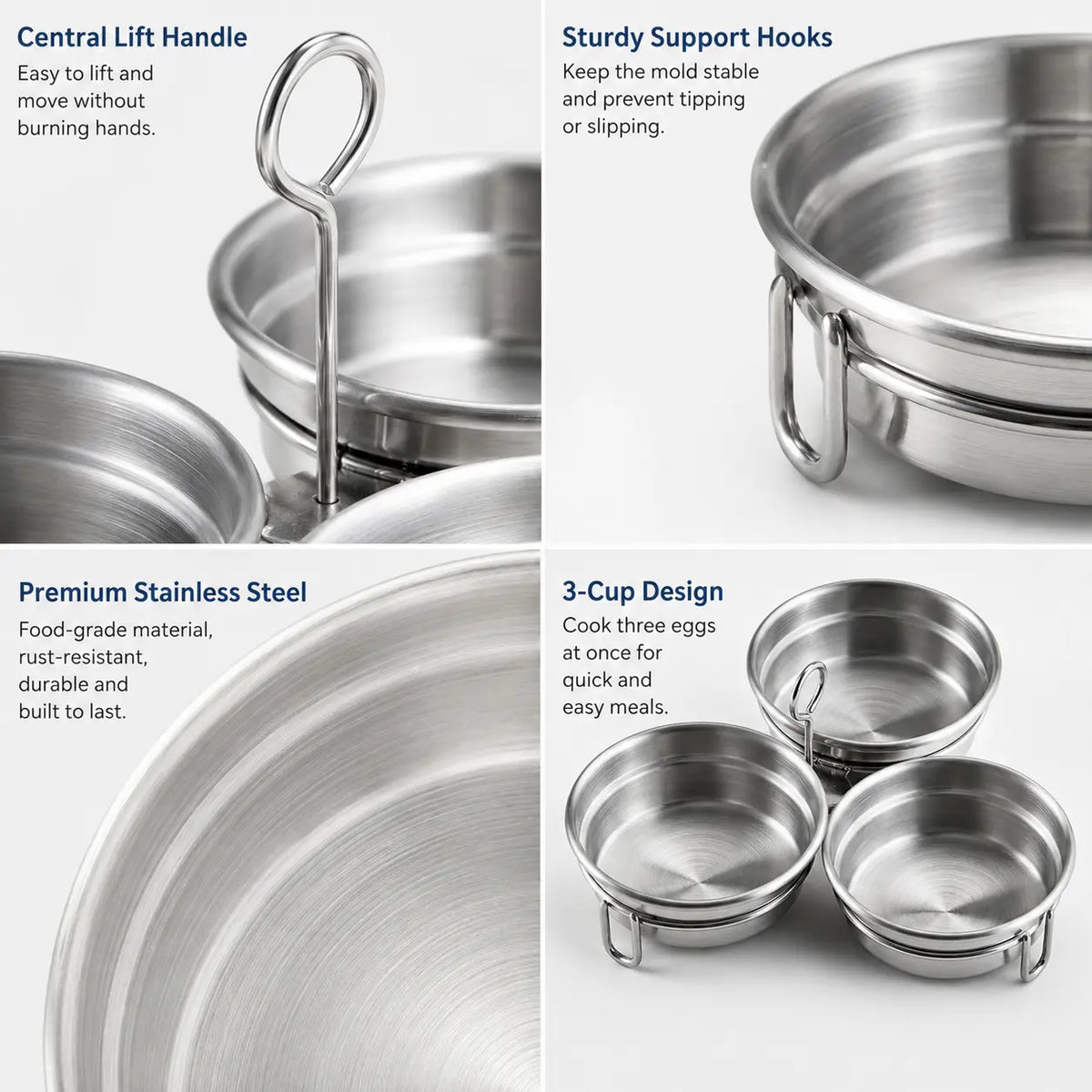 EggMate 3-Cavity Stainless Steel Egg Poacher – Steaming Mold with Handle