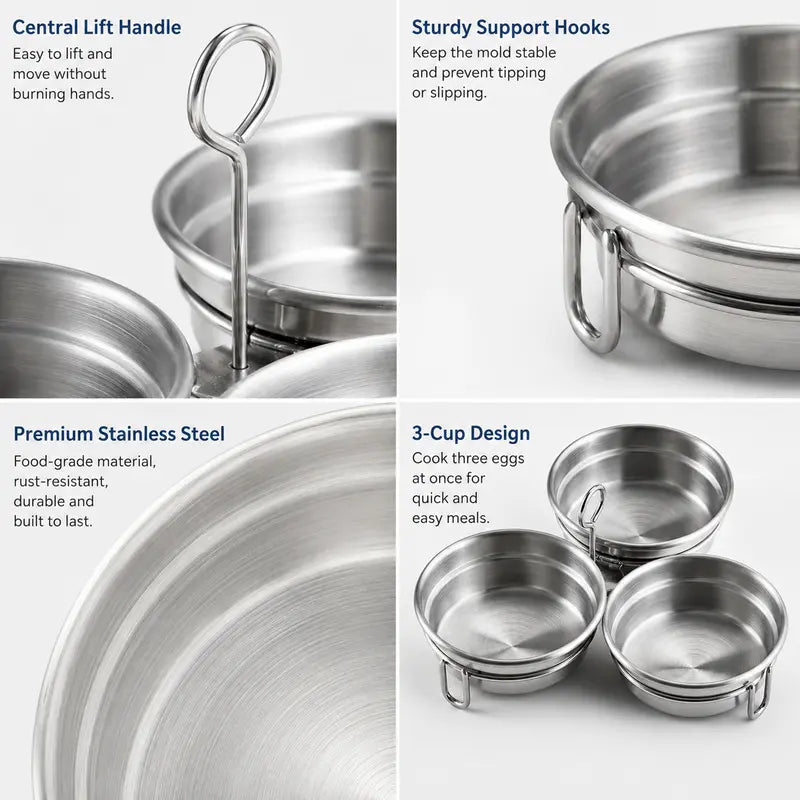 EggNest 3-Cavity Stainless Steel Poacher – Steaming Mold with Handle