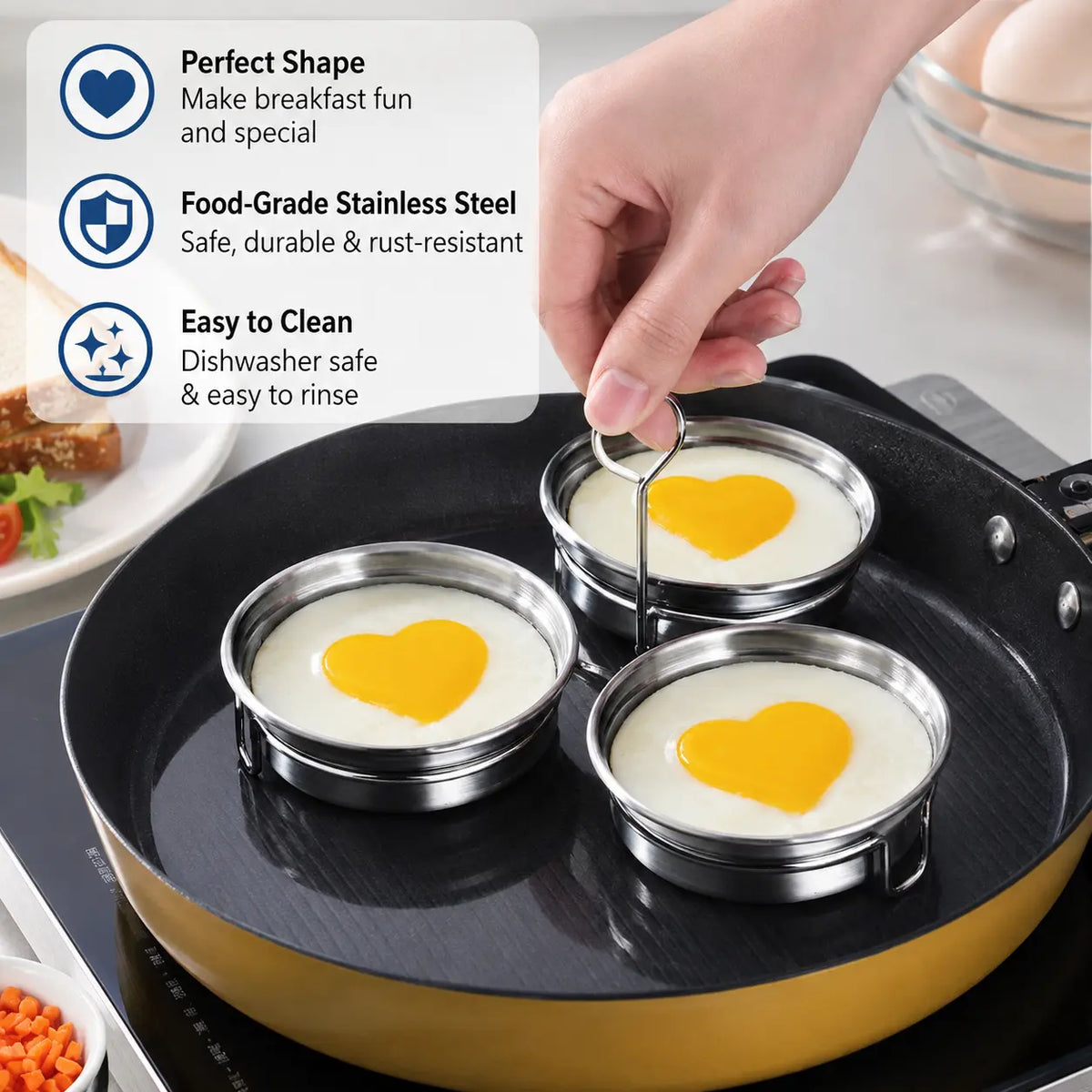 EggMate 3-Cavity Stainless Steel Egg Poacher – Steaming Mold with Handle