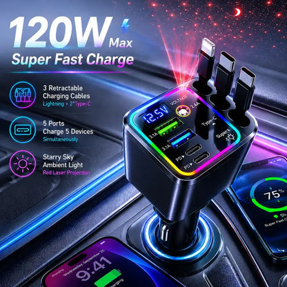 GalaxyCharge 7-in-1 Retractable Car Charger – 120W Multi-Device Fast Charging Hub