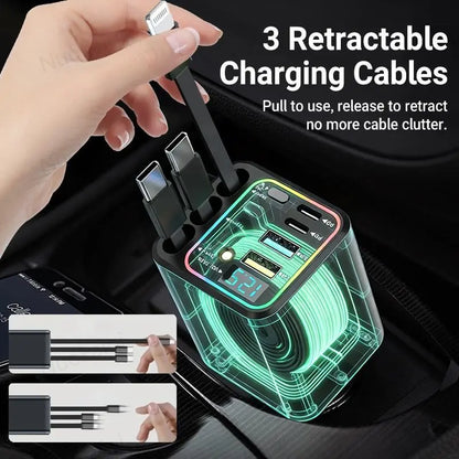 GalaxyCharge 7-in-1 Retractable Car Charger – 120W Multi-Device Fast Charging Hub
