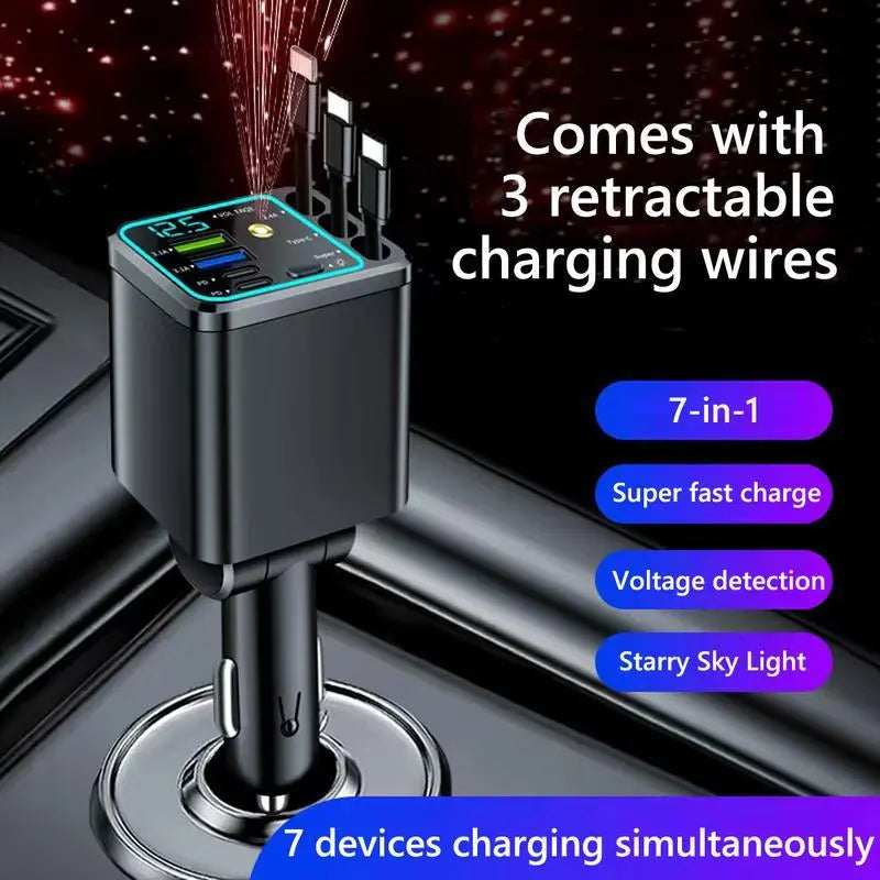 GalaxyCharge 7-in-1 Retractable Car Charger – 120W Multi-Device Fast Charging Hub