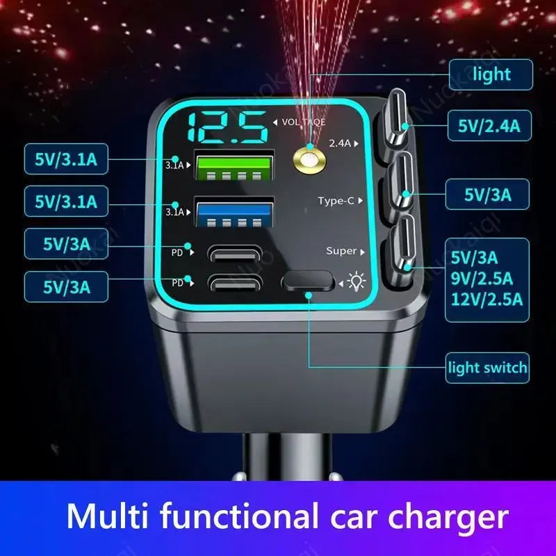 GalaxyCharge 7-in-1 Retractable Car Charger – 120W Multi-Device Fast Charging Hub