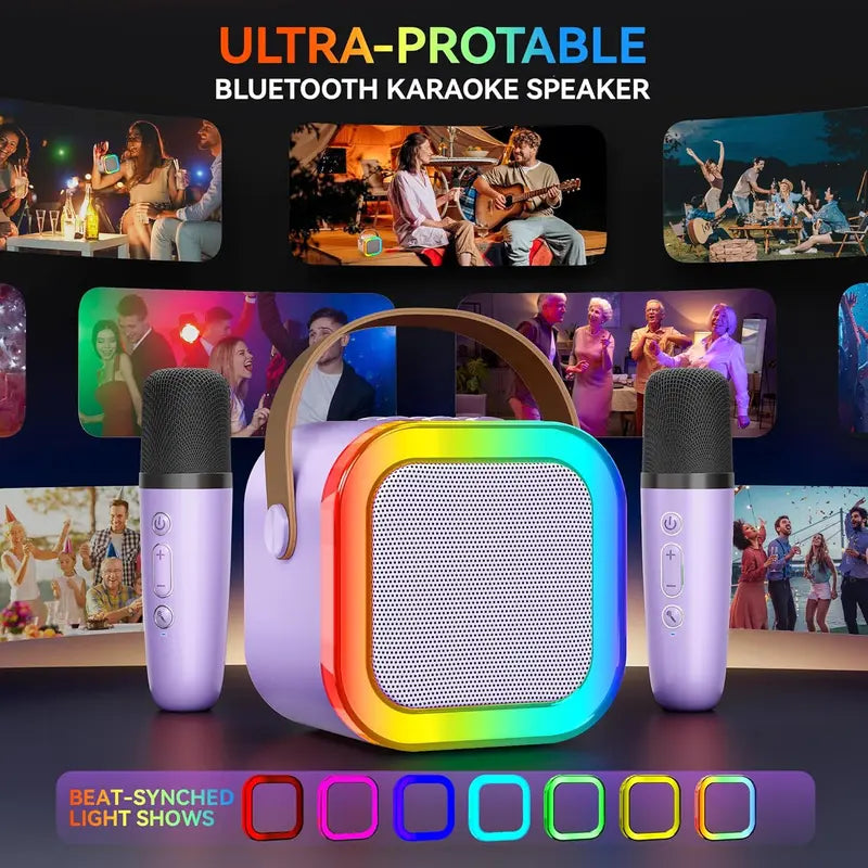 SingMate Mini Karaoke Machine – Bluetooth Speaker with 2 Wireless Microphones & LED Lights