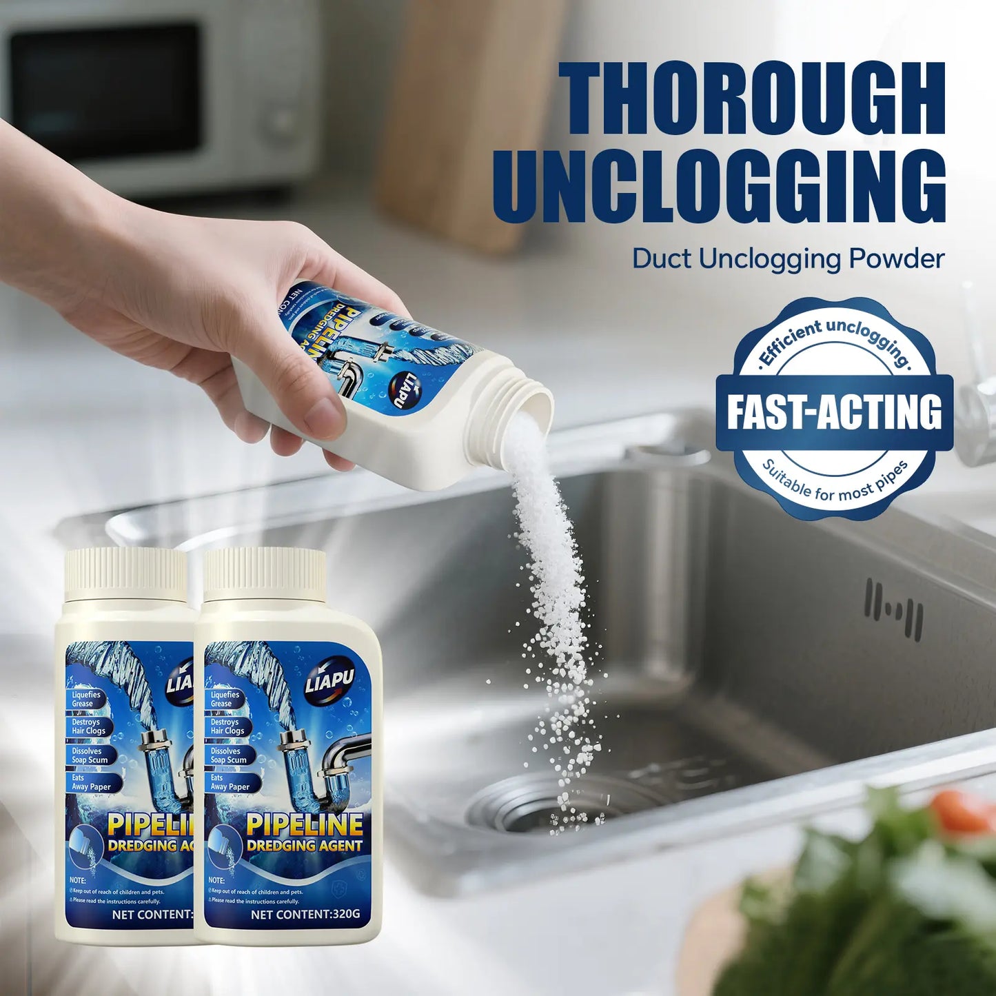 (2 Pack) Liapu Powerful Pipe Dredging Agent for Kitchen and Toilet Pipelines