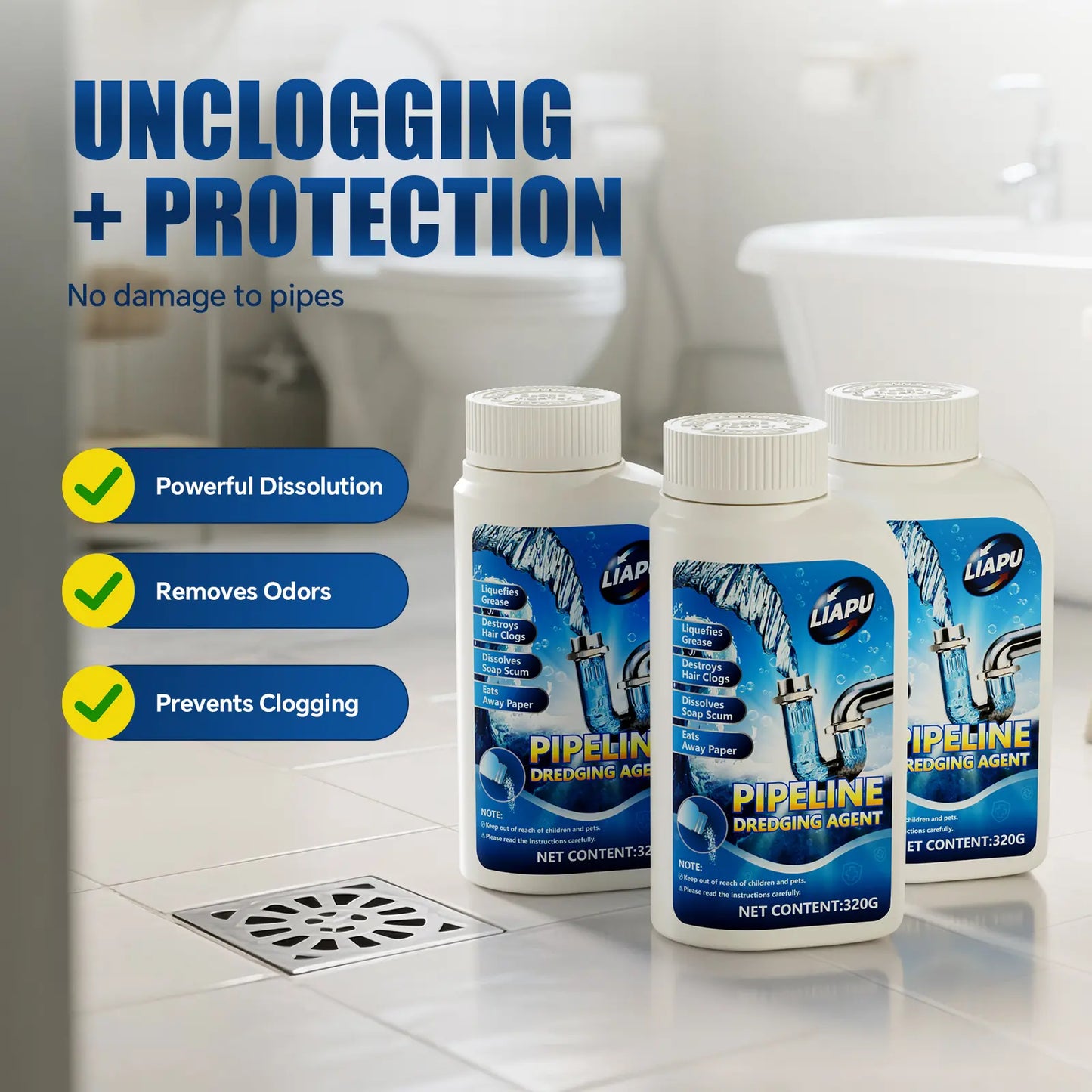 (2 Pack) Liapu Powerful Pipe Dredging Agent for Kitchen and Toilet Pipelines