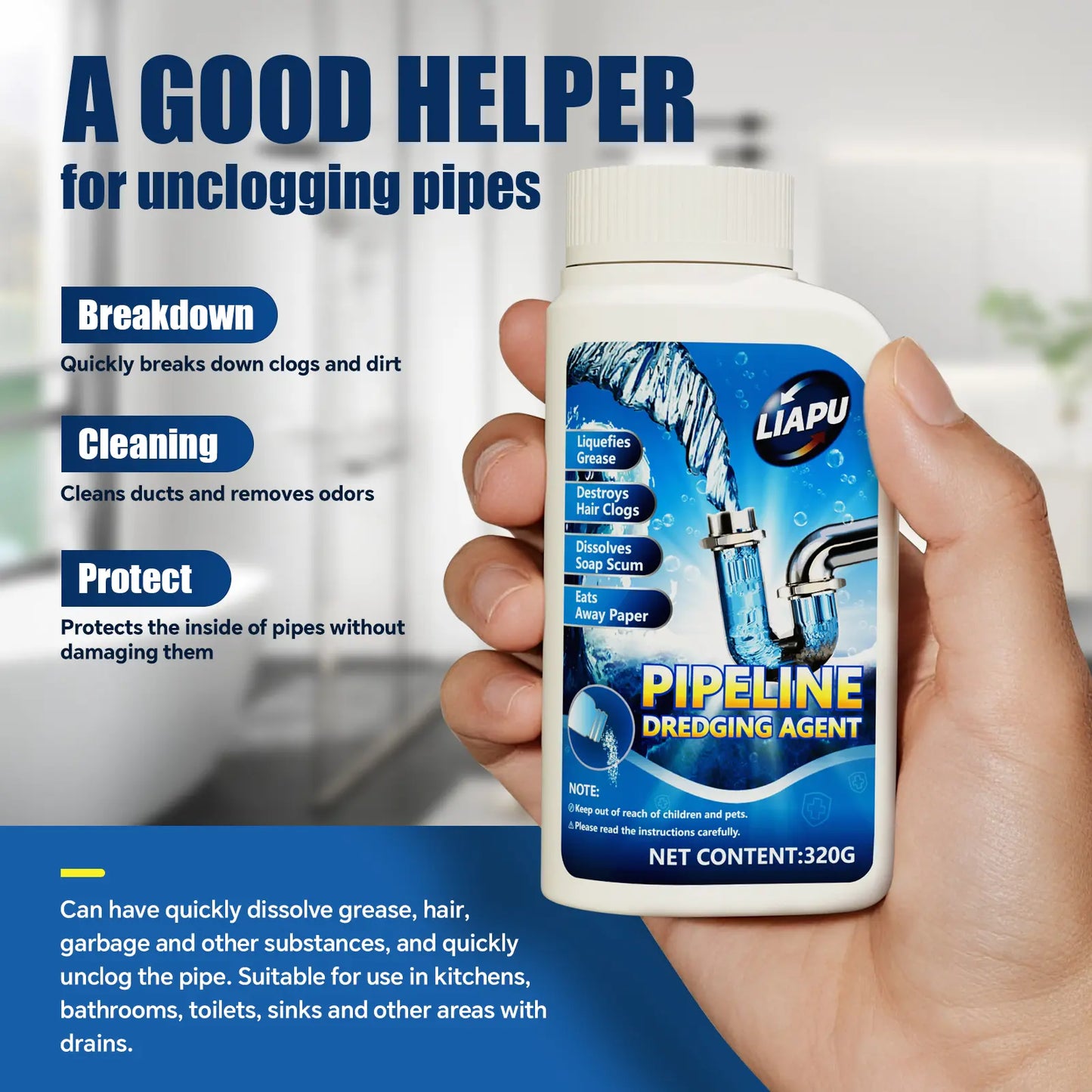 (2 Pack) Liapu Powerful Pipe Dredging Agent for Kitchen and Toilet Pipelines