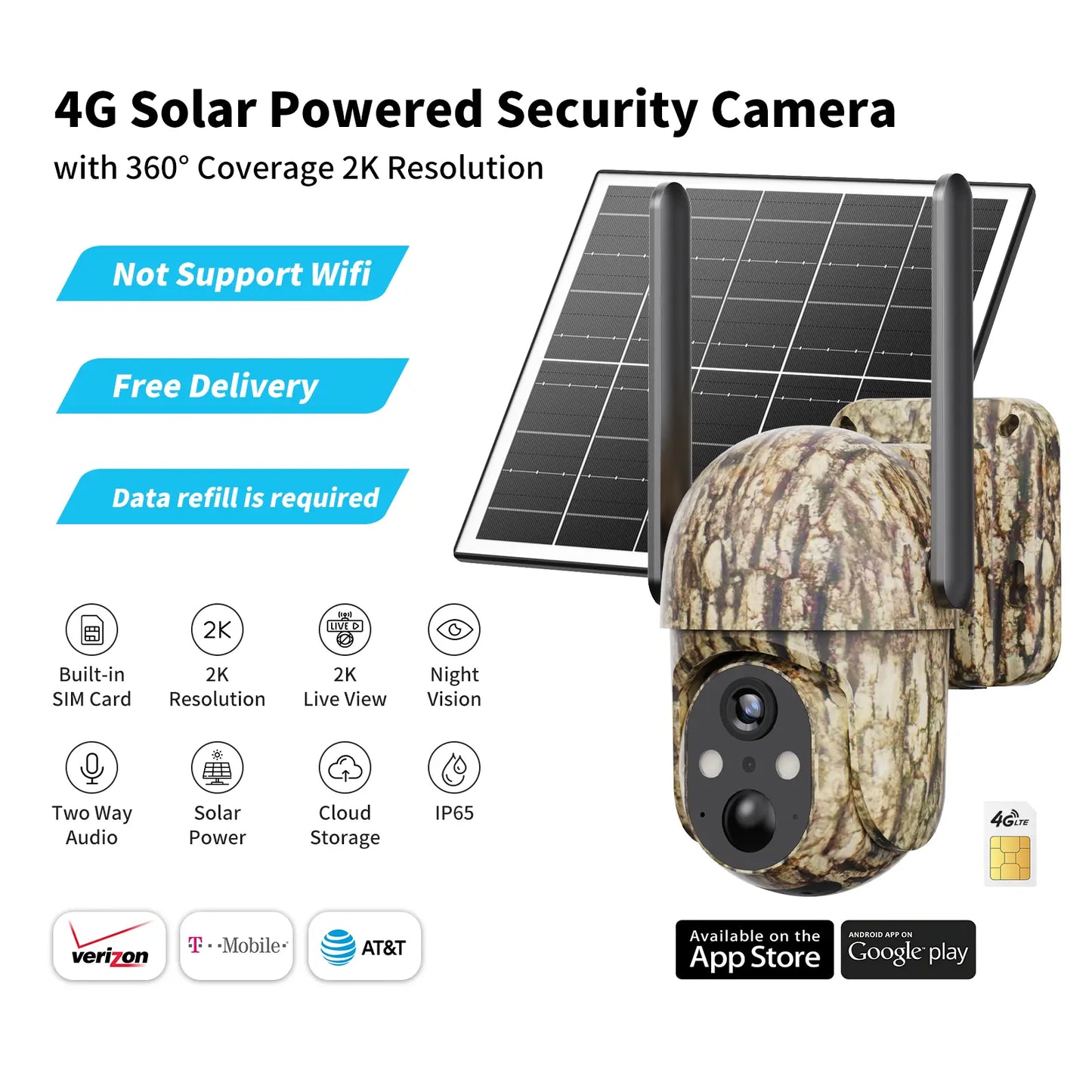 2K HD Wireless 4G LTE Solar Security Camera with 360° View