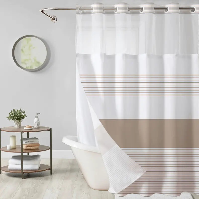 Striped Hook-Free Shower Curtain with Mesh Window — detail view 1