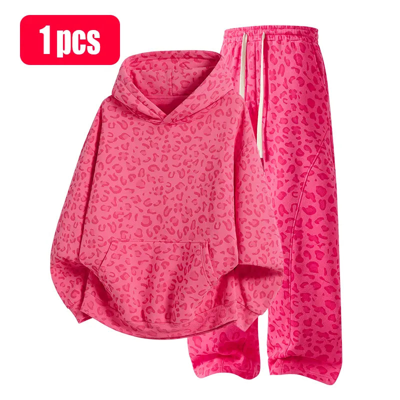 Leopard-Print Hoodie & Wide-Leg Pants Set - Rose red