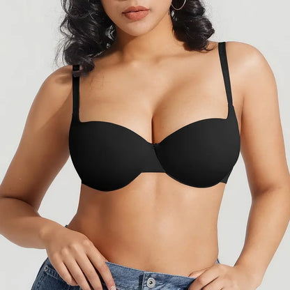 Seamless Padded Push-Up Bra with Convertible Straps - Black