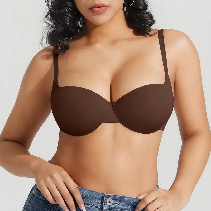 Seamless Padded Push-Up Bra with Convertible Straps - Coffee