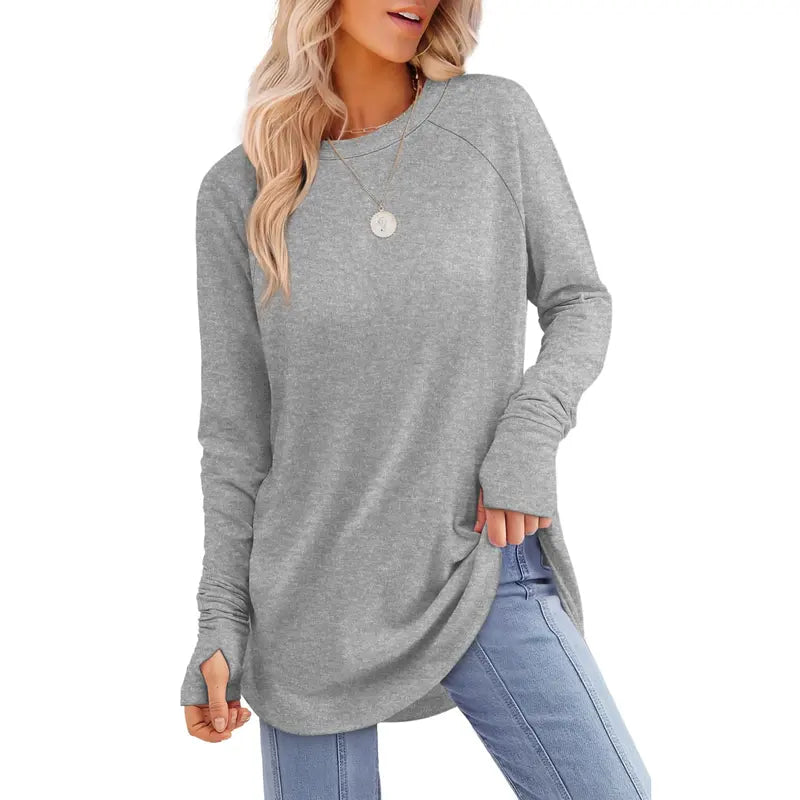 Long-Sleeve Tunic Top with Thumbhole Cuffs - grey