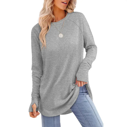 Long-Sleeve Tunic Top with Thumbhole Cuffs - grey