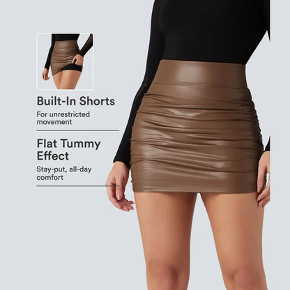Ruched Curved-Hem Mini Skirt with Built-In Shorts - Rustic Brown