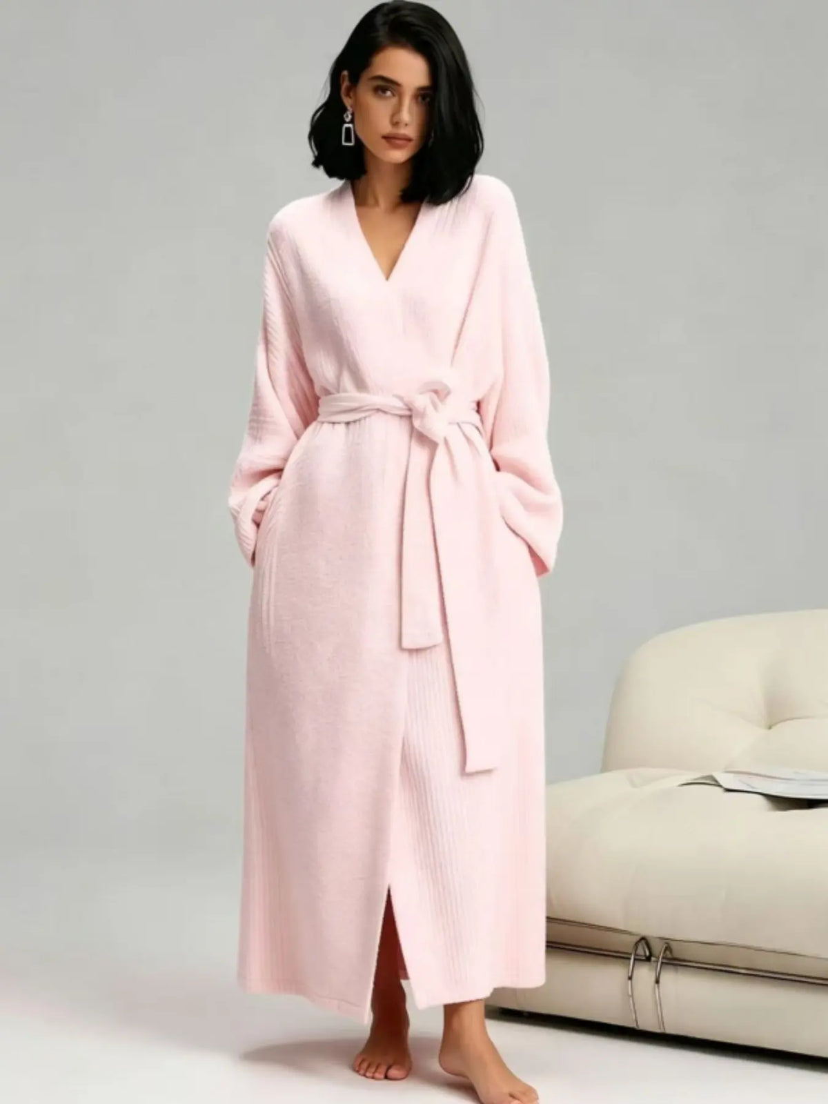 Long Double-Sided Fleece Lounge Robe - Pink