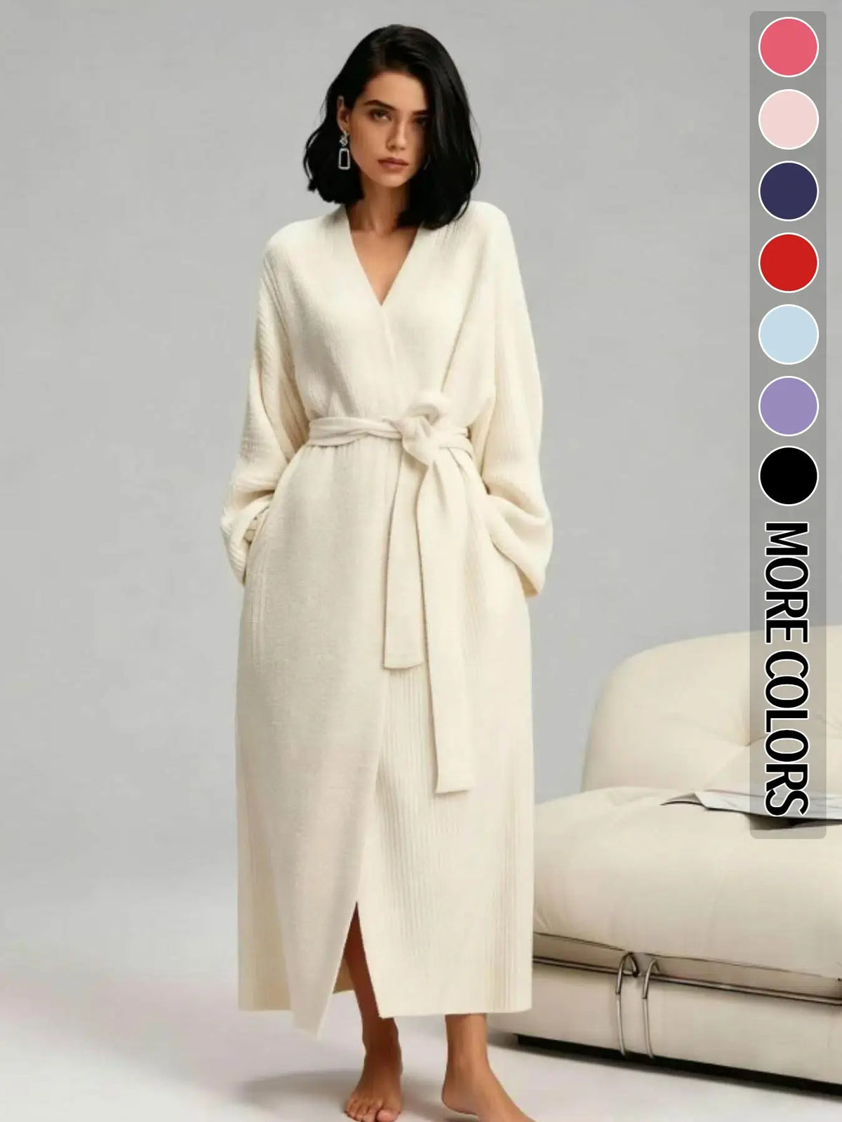 Long Double-Sided Fleece Lounge Robe - Cream