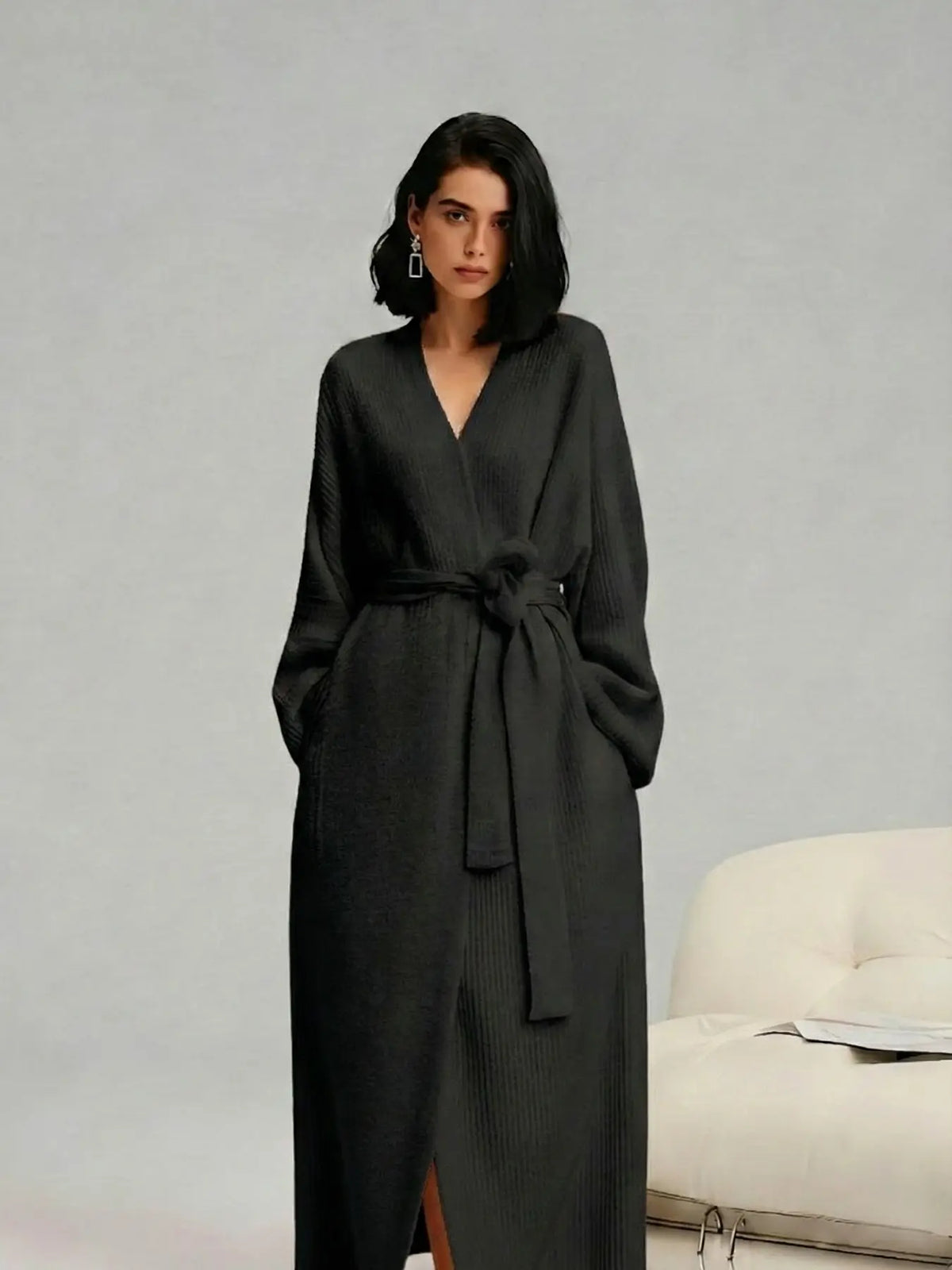 Long Double-Sided Fleece Lounge Robe - Black