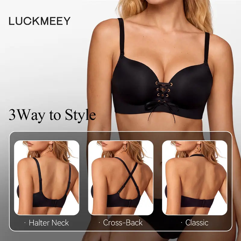 Wireless Drawstring Plunge Bra with Adjustable Front Lift - original gallery 5