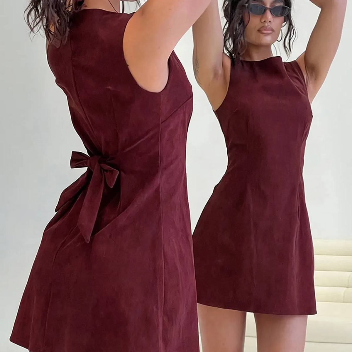 Back-Tie Sleeveless A-Line Mini Dress — Coffee - original gallery 3