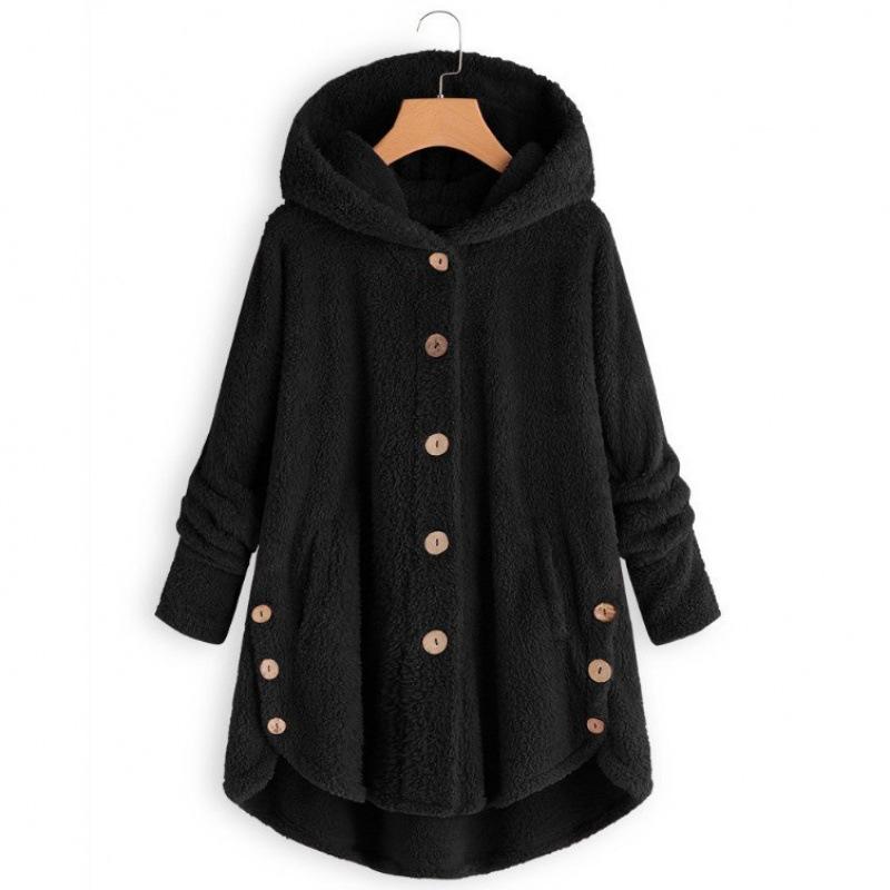 Plush Button-Front Winter Coat - Black