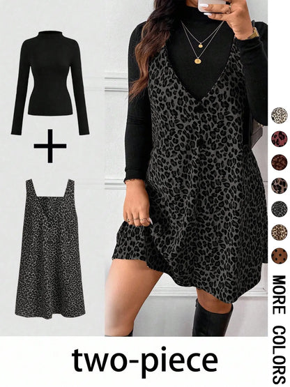 Leopard Mini Dress & Long-Sleeve Top — Two-Piece Outfit - Gray