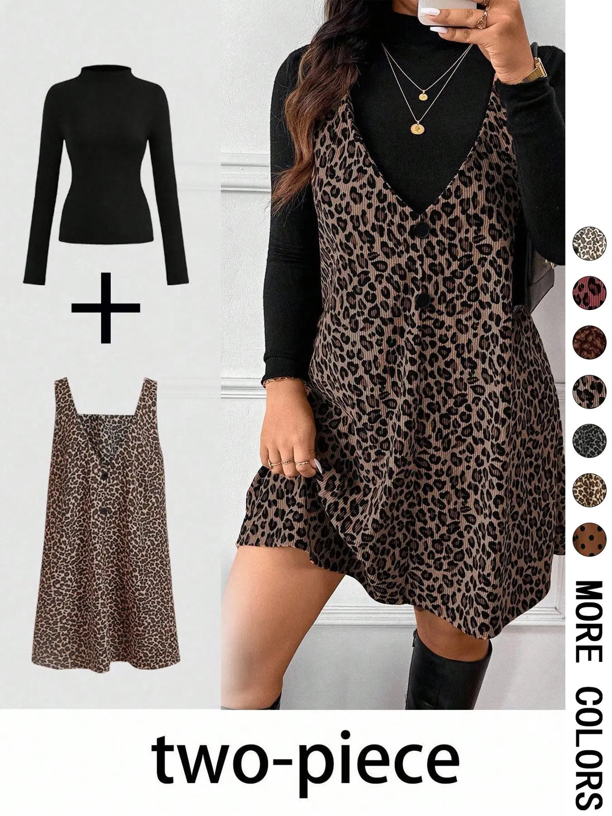 Leopard Mini Dress & Long-Sleeve Top — Two-Piece Outfit - Brown