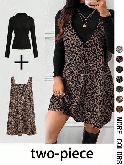 Leopard Mini Dress & Long-Sleeve Top — Two-Piece Outfit - Brown