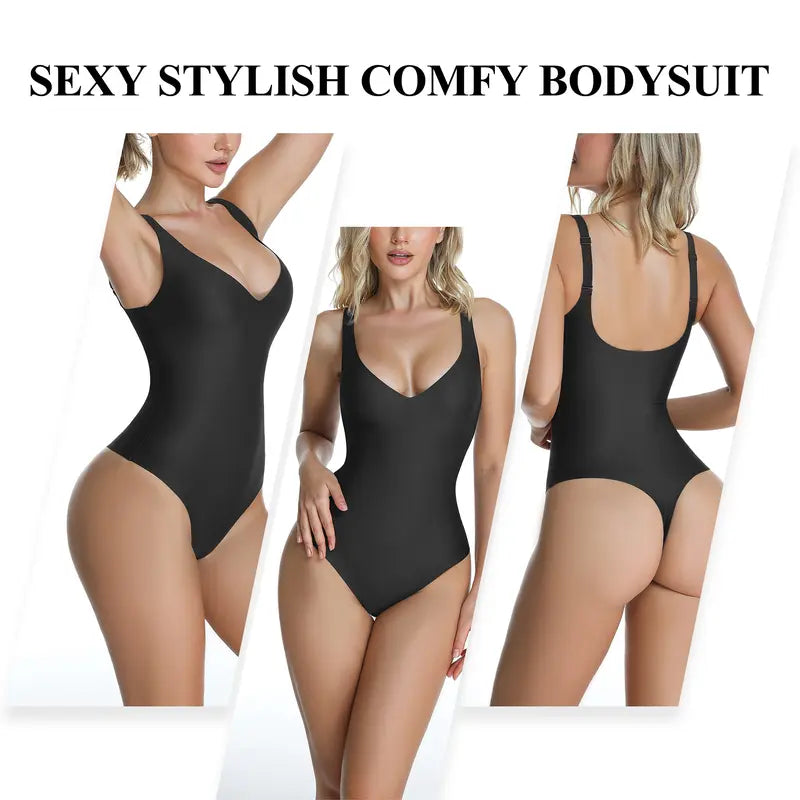 Wireless Plunge Thong Bodysuit with Adjustable Straps - original gallery 6