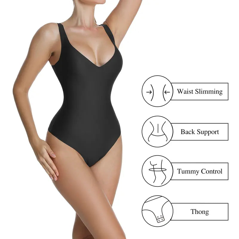 Wireless Plunge Thong Bodysuit with Adjustable Straps - original gallery 5