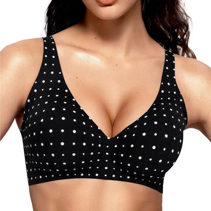 Wireless Deep-V Polka Dot Bra with Adjustable Straps - Black White Polka Dots