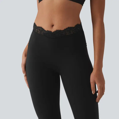 Contrast-Lace Flare Leggings with Pockets - original gallery 4