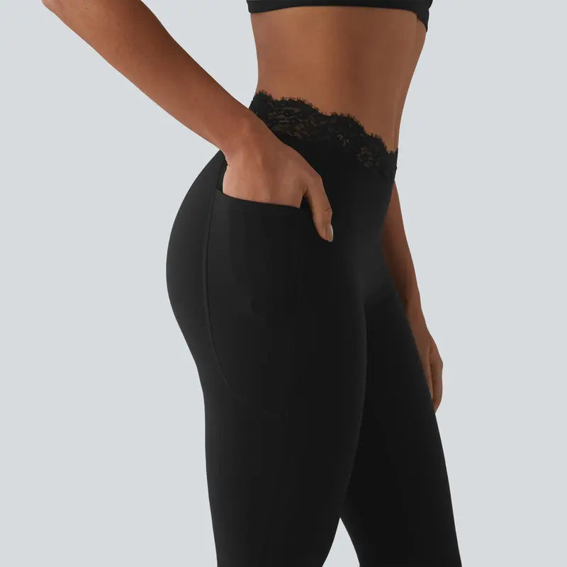 Contrast-Lace Flare Leggings with Pockets - original gallery 6