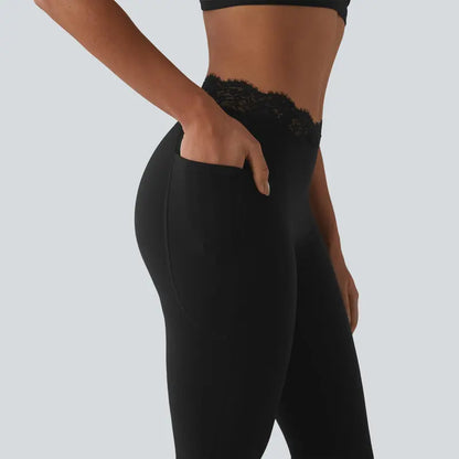 Contrast-Lace Flare Leggings with Pockets - original gallery 6