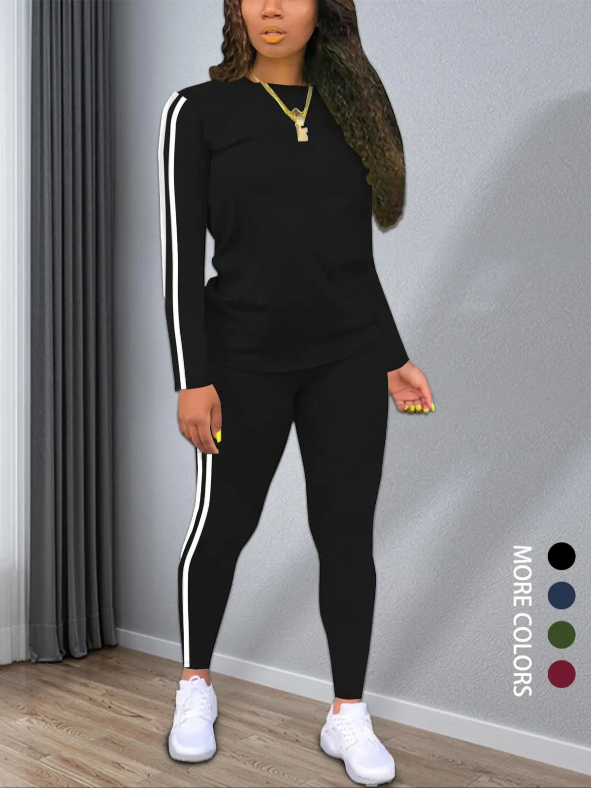 Striped Long-Sleeve Top and Pants Set - Black