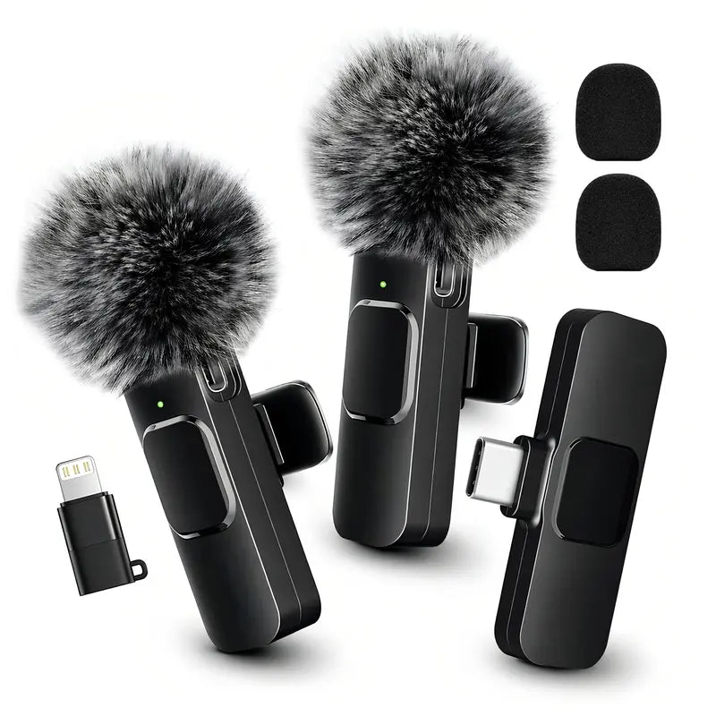 Dual Wireless Lavalier Microphones — Black - Black | 2 Mics Sets | Lightning Adapter