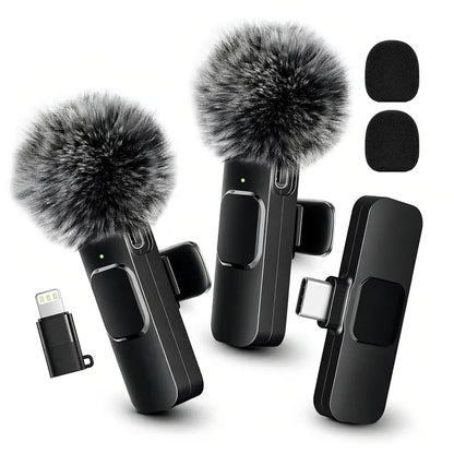 Dual Wireless Lavalier Microphones — Black - Black | 2 Mics Sets | Lightning Adapter