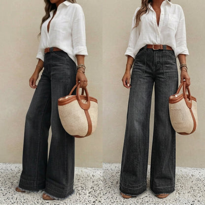 Vintage-Wash Stretch Wide-Leg Jeans - Black