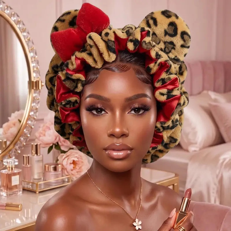Satin-Lined Plush Leopard Bonnet with Bow - Red