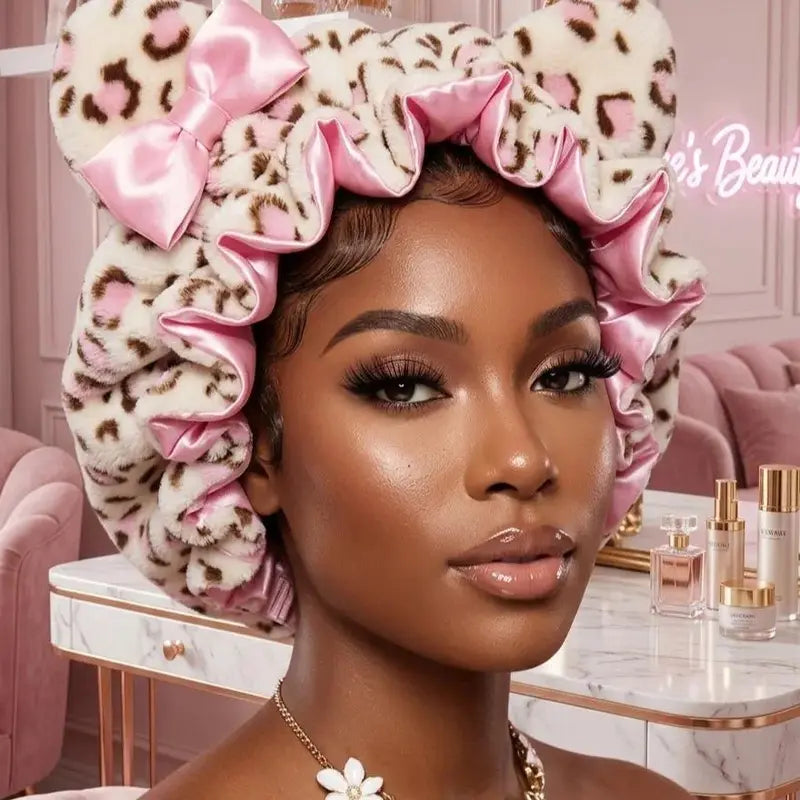 Satin-Lined Plush Leopard Bonnet with Bow - Baby Pink