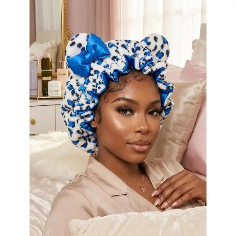 Satin-Lined Plush Leopard Bonnet with Bow - original gallery 4