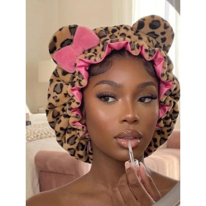 Satin-Lined Plush Leopard Bonnet with Bow - original gallery 5