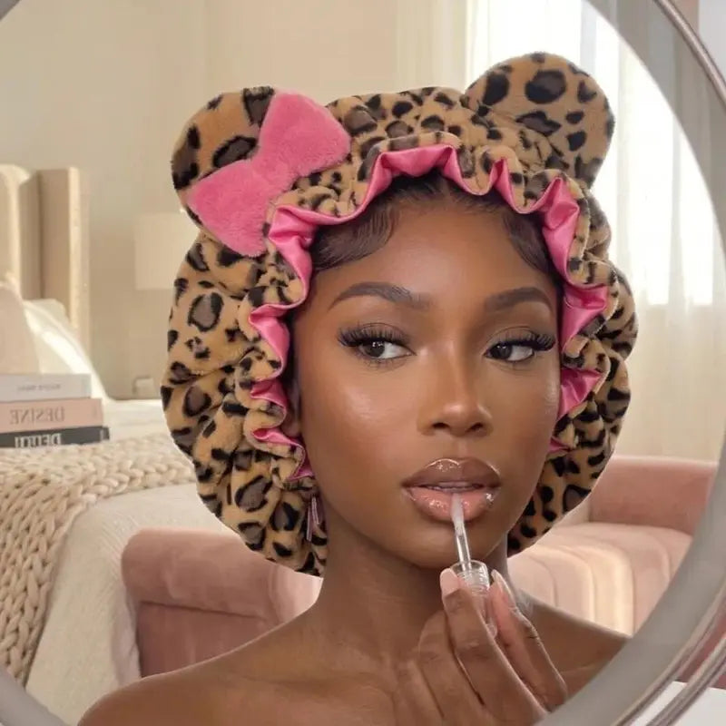 Satin-Lined Plush Leopard Bonnet with Bow - Pink